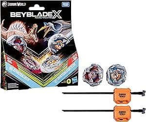 Beyblade X Jurassic World Collaboration Spinosaurus vs. Ketzalcoa Atlas Multi-Pack Set with 2 Takara Tomy Tops and 2 Lau
